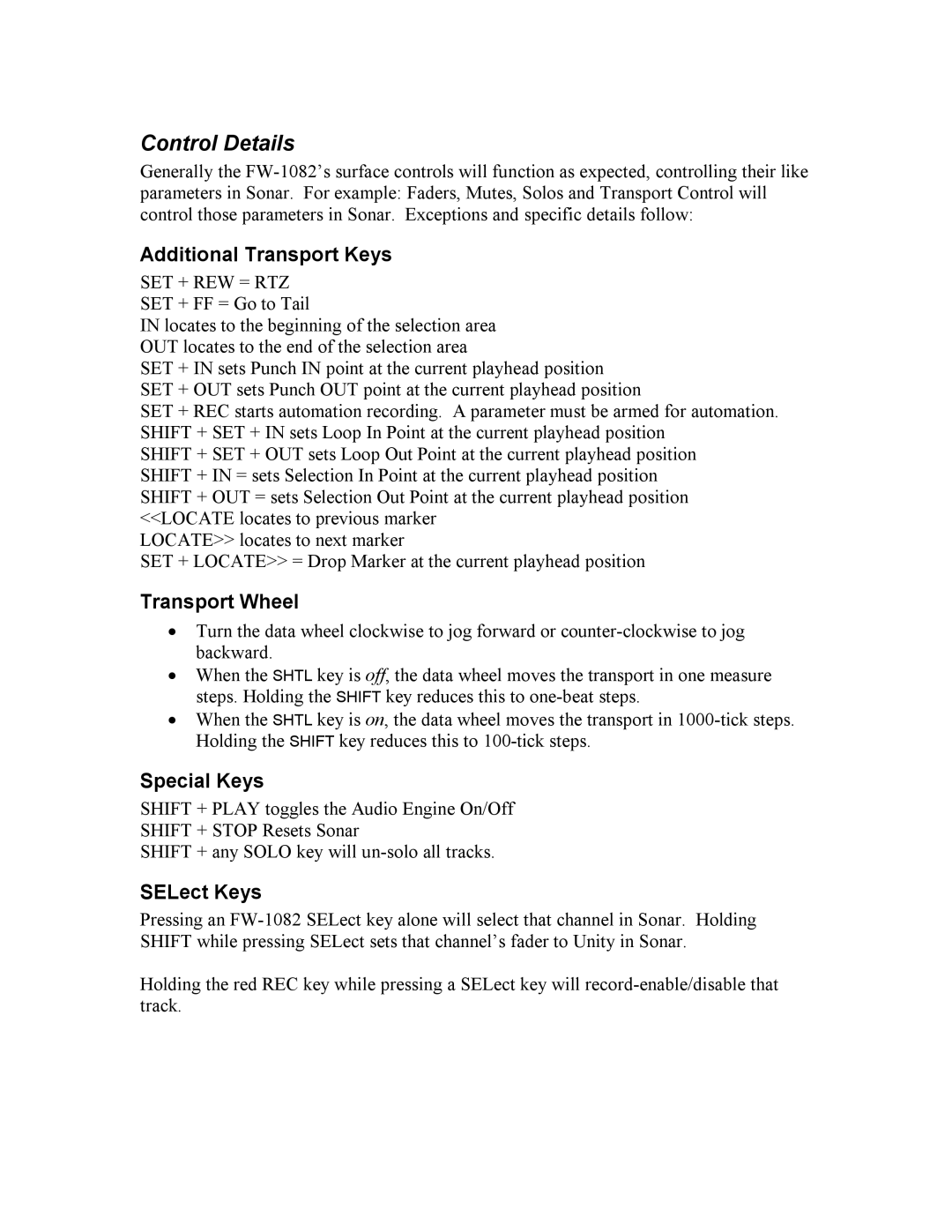 Tascam FW1082 manual Additional Transport Keys, Transport Wheel, Special Keys, SELect Keys 