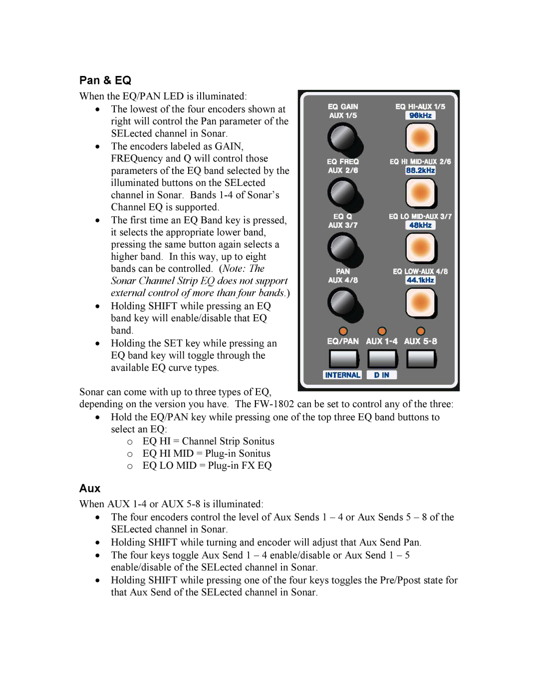 Tascam FW1082 manual Pan & EQ, Aux 