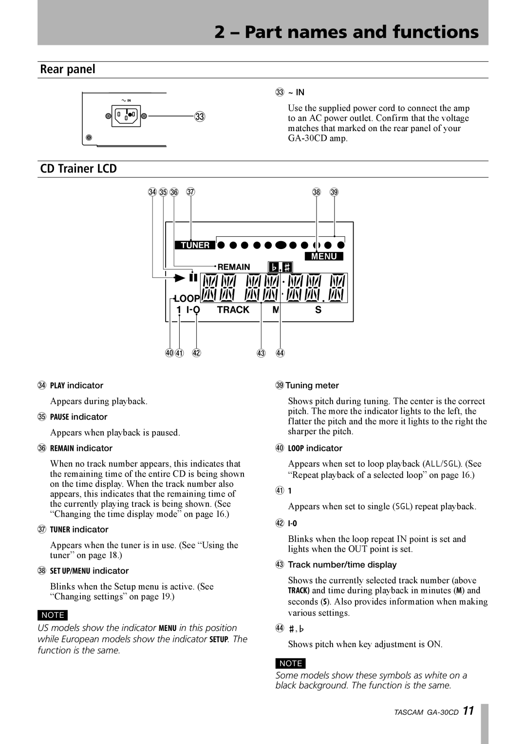 Tascam GA-30CD owner manual Rear panel, CD Trainer LCD 