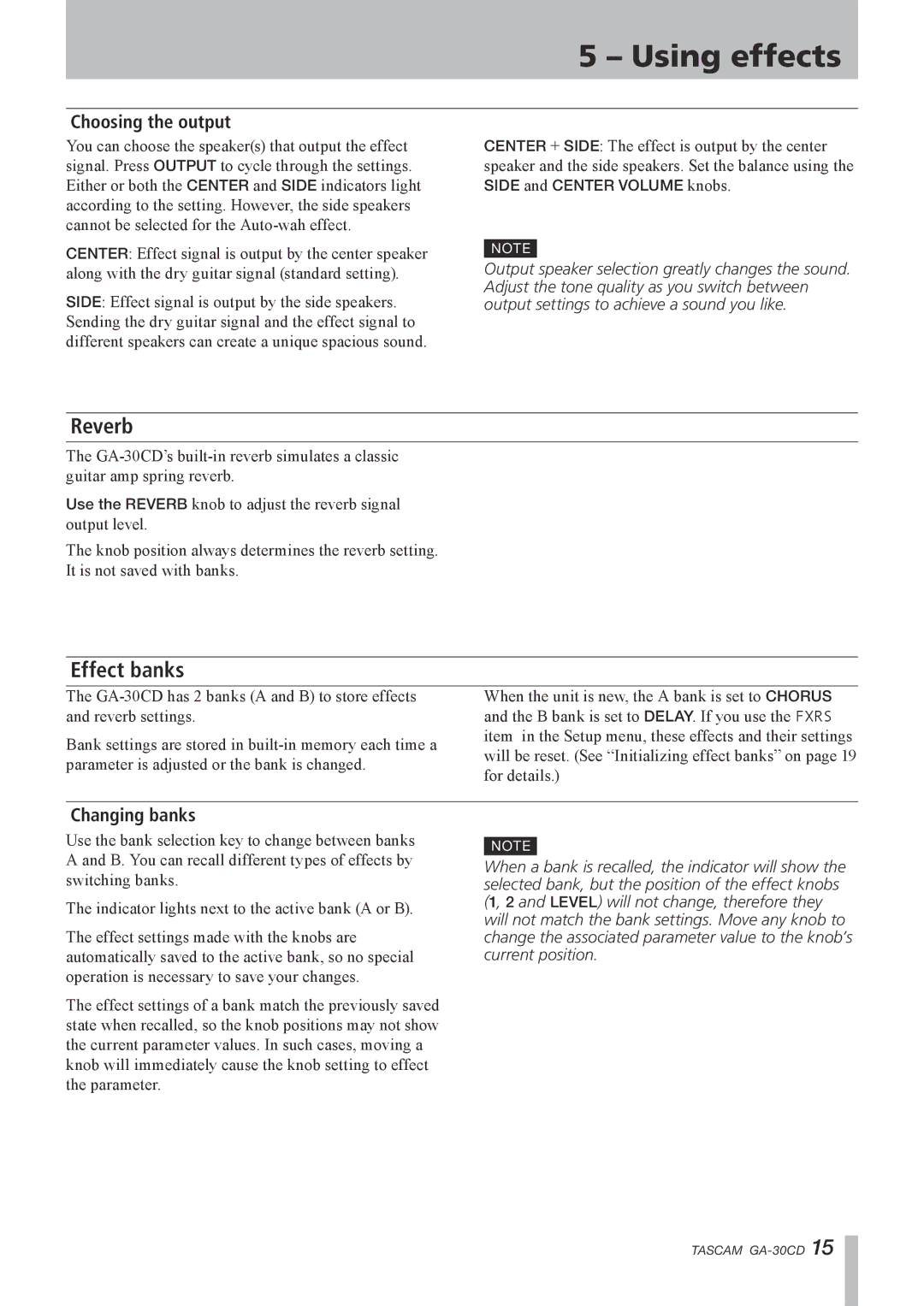 Tascam GA-30CD owner manual Reverb, Effect banks, Choosing the output, Changing banks 