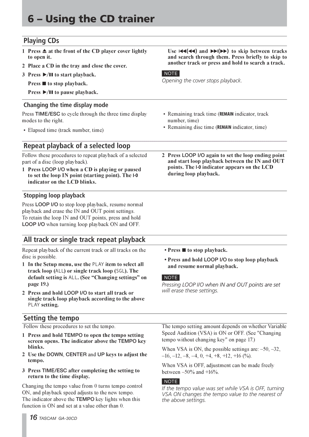 Tascam GA-30CD owner manual Using the CD trainer, Playing CDs, Repeat playback of a selected loop, Setting the tempo 