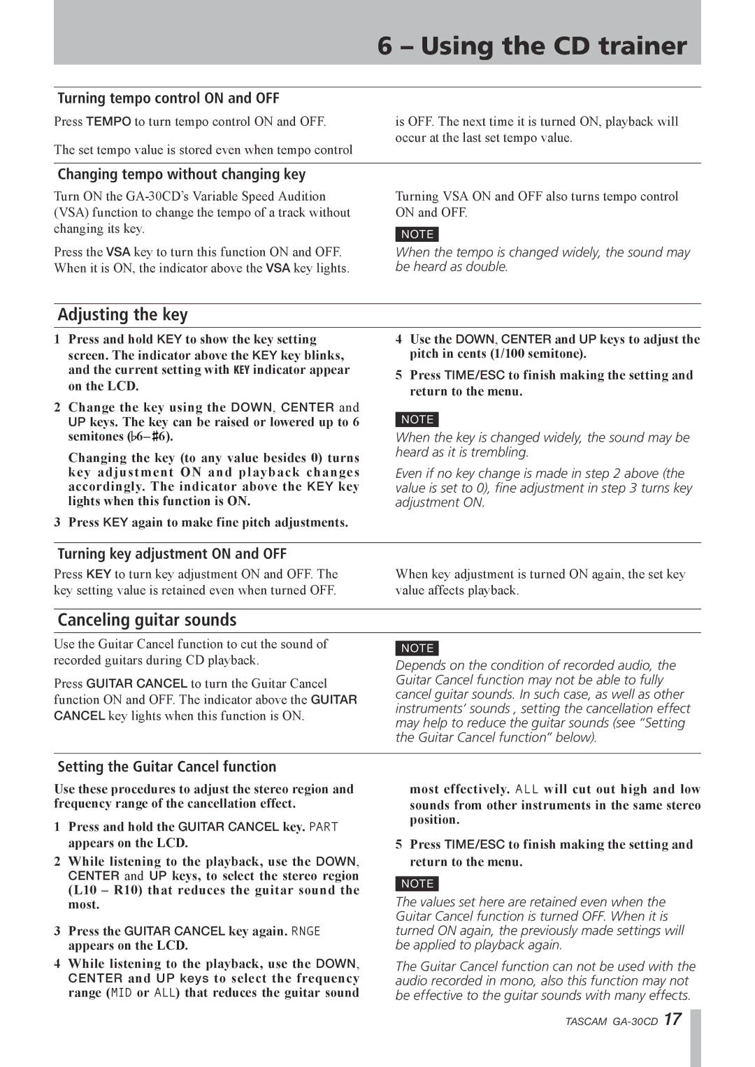 Tascam GA-30CD owner manual Adjusting the key, Canceling guitar sounds 