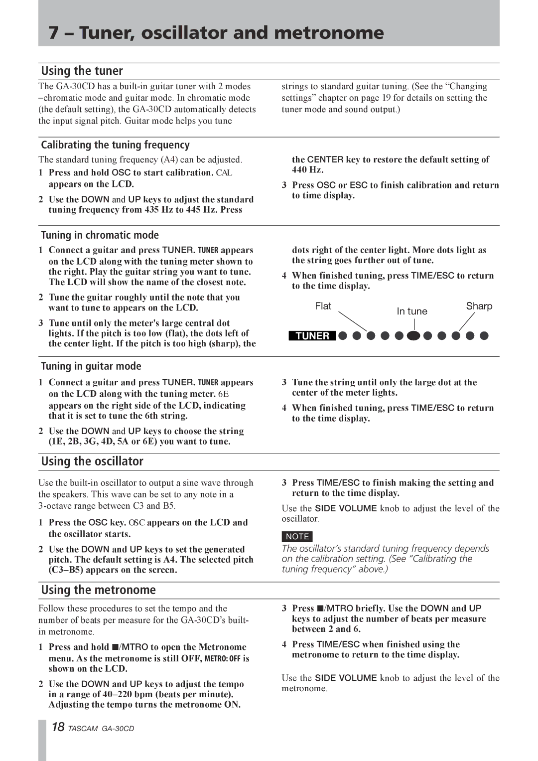 Tascam GA-30CD owner manual Tuner, oscillator and metronome, Using the tuner, Using the oscillator, Using the metronome 