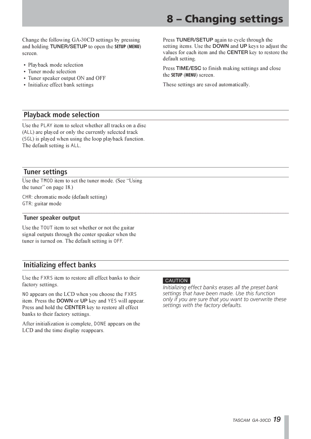 Tascam GA-30CD Changing settings, Playback mode selection, Tuner settings, Initializing effect banks, Tuner speaker output 