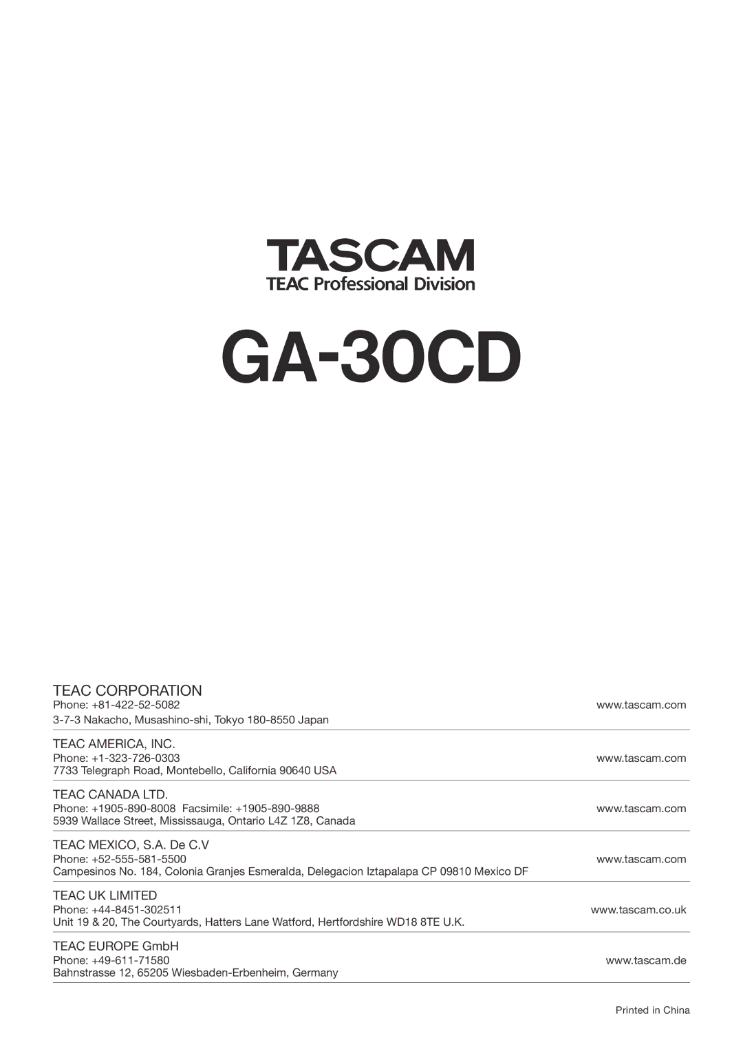 Tascam GA-30CD owner manual 