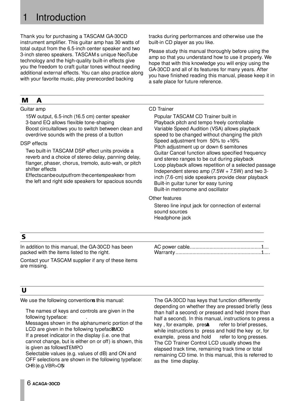 Tascam owner manual Introduction, Main features of the GA-30CD, Supplied accessories, Understanding this manual 