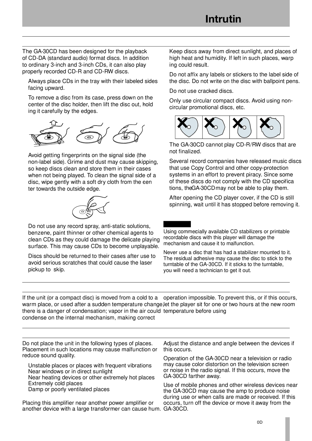 Tascam GA-30CD owner manual Handling of compact discs, Beware of condensation, Precautions for placement and use 