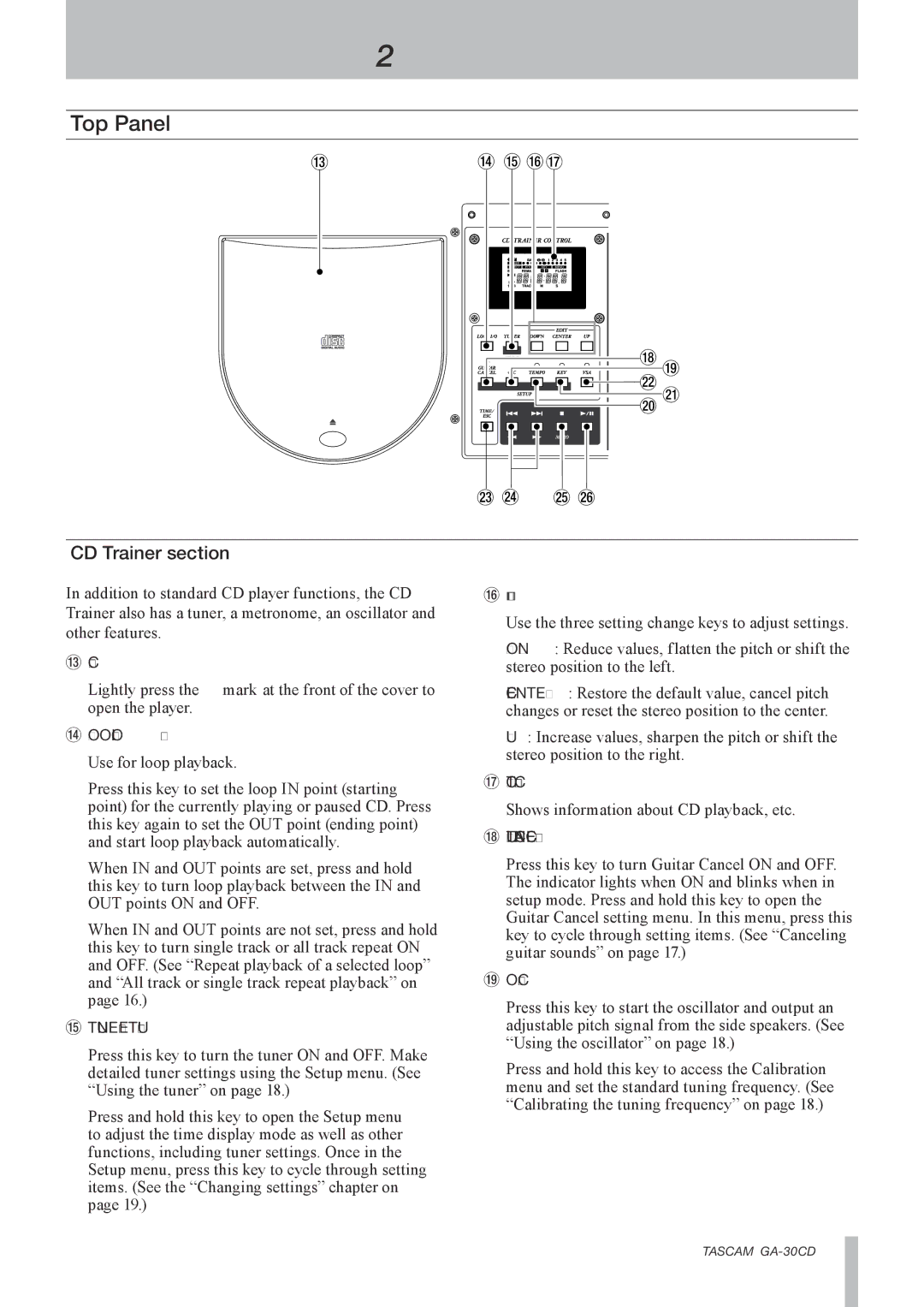 Tascam GA-30CD owner manual Top Panel, CD Trainer section 