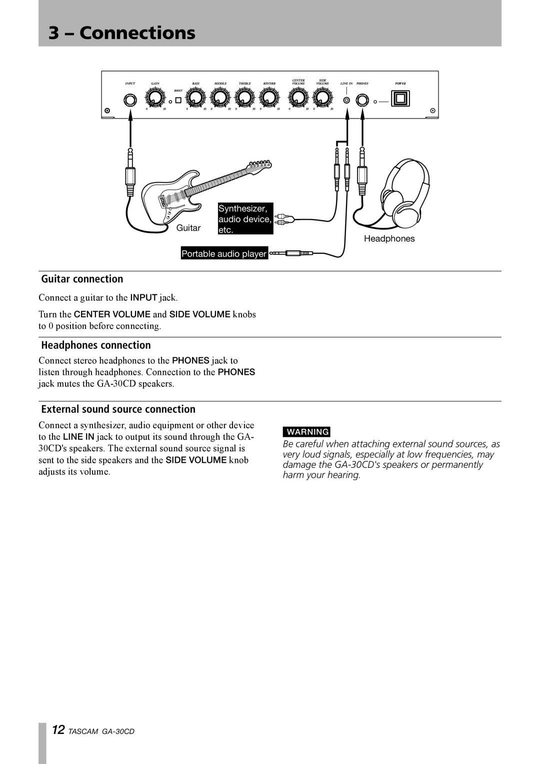 Tascam GA-30CD owner manual Connections, Guitar connection, Headphones connection, External sound source connection 