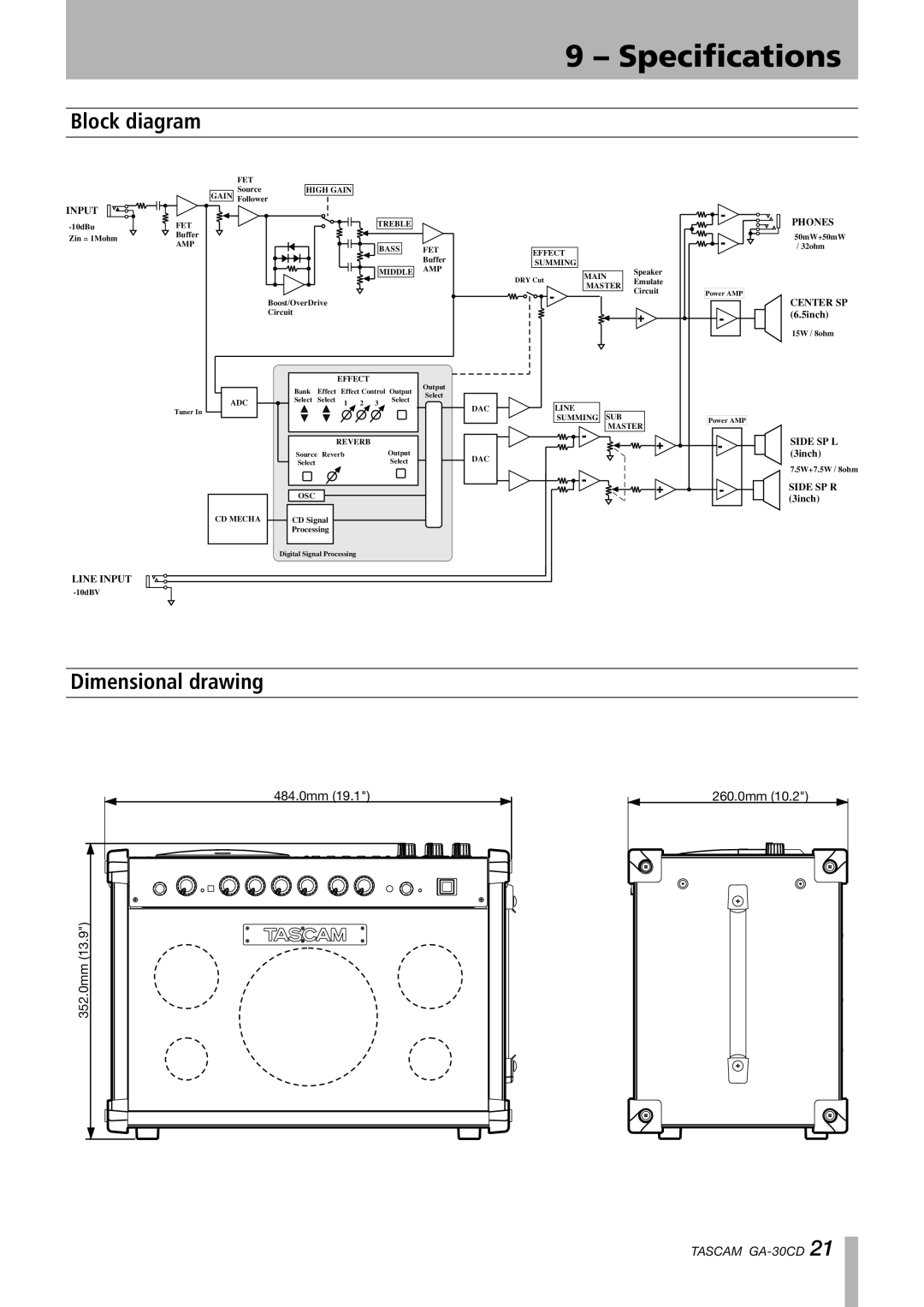 Tascam Block diagram, Dimensional drawing, Specifications, 484.0mm, 260.0mm, 352.0mm, TASCAM GA-30CD, Input, Phones 