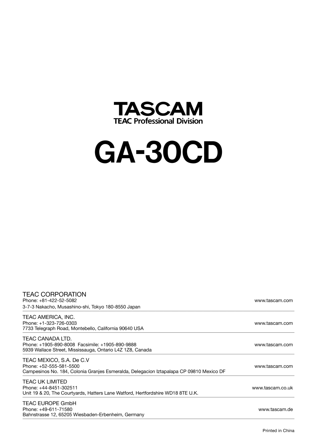 Tascam owner manual » GA-30CD, Teac Corporation 