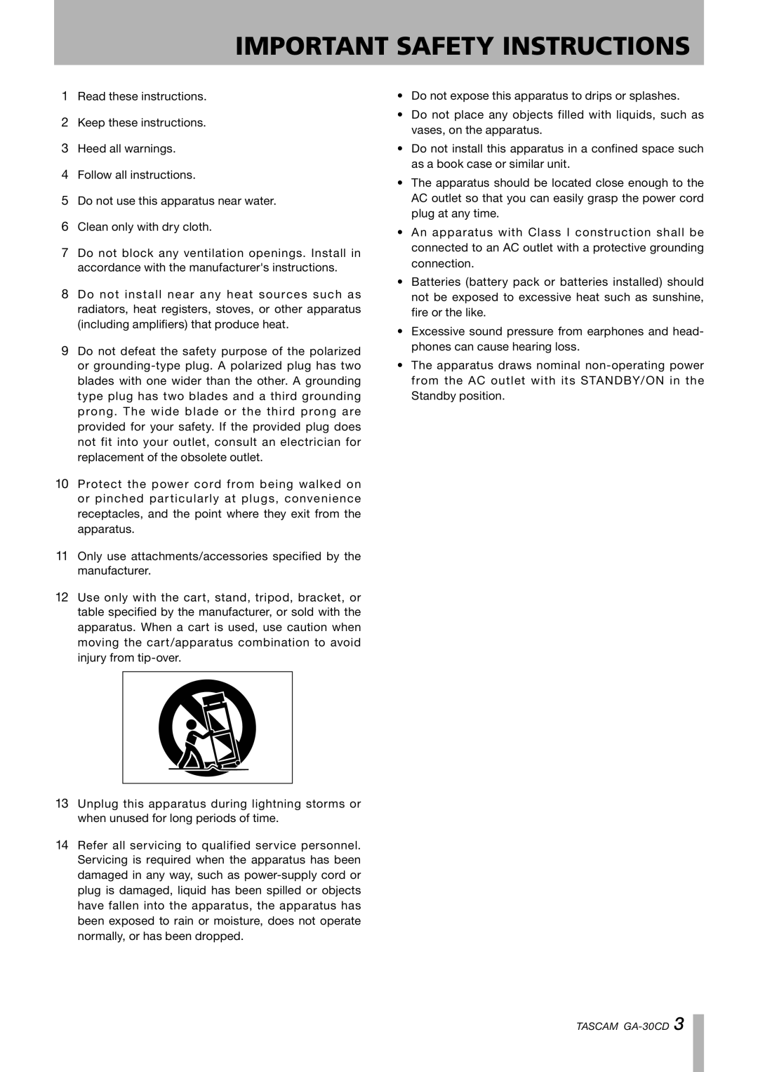 Tascam GA-30CD owner manual Important Safety Instructions 