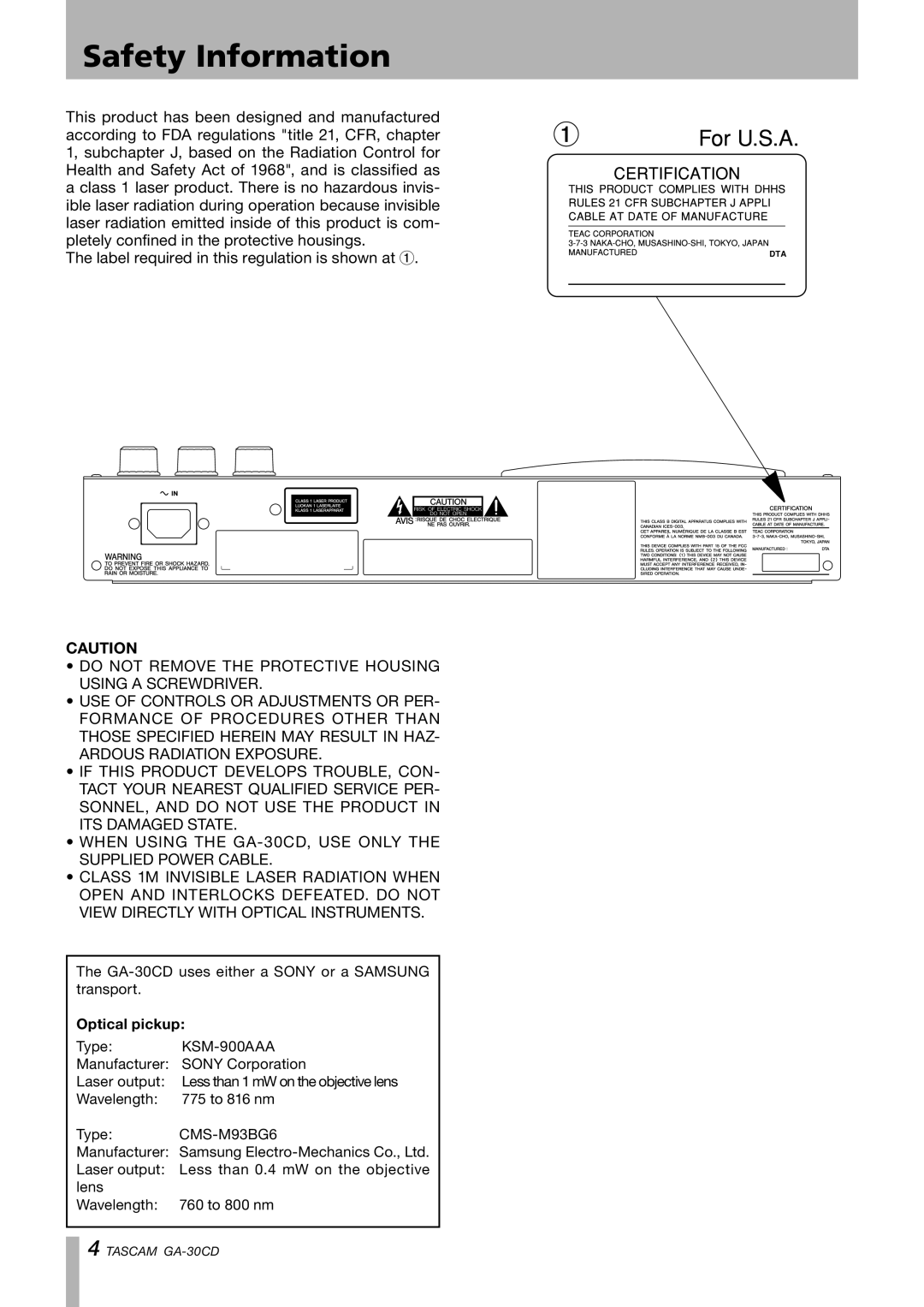 Tascam GA-30CD owner manual Safety Information, Optical pickup 