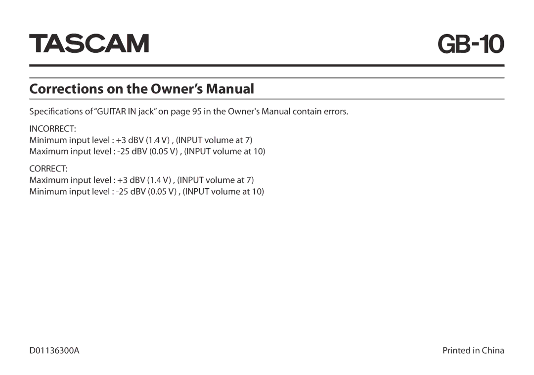 Tascam GB-10 owner manual Incorrect, Correct 