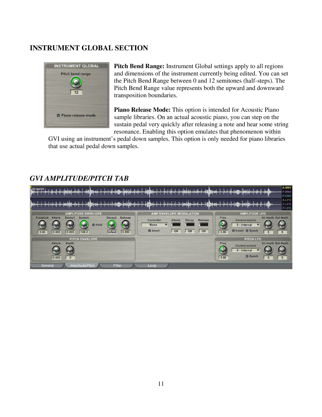 Tascam GVI owner manual Instrument Global Section, Gvi Amplitude/Pitch Tab 