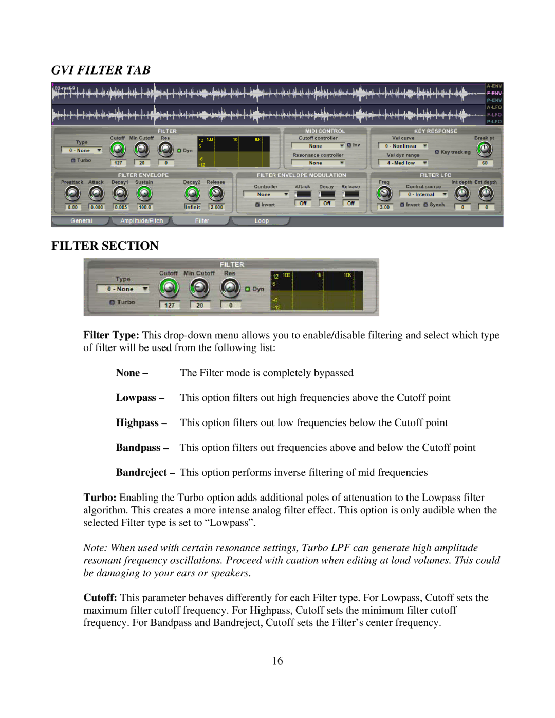 Tascam owner manual GVI Filter TAB, Filter Section 