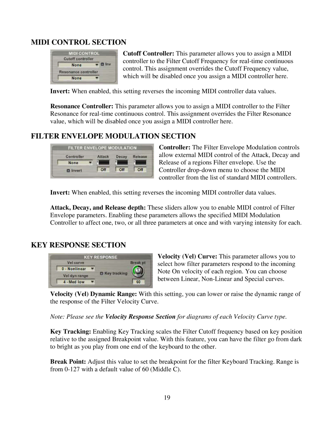 Tascam GVI owner manual Midi Control Section, Filter Envelope Modulation Section, KEY Response Section 