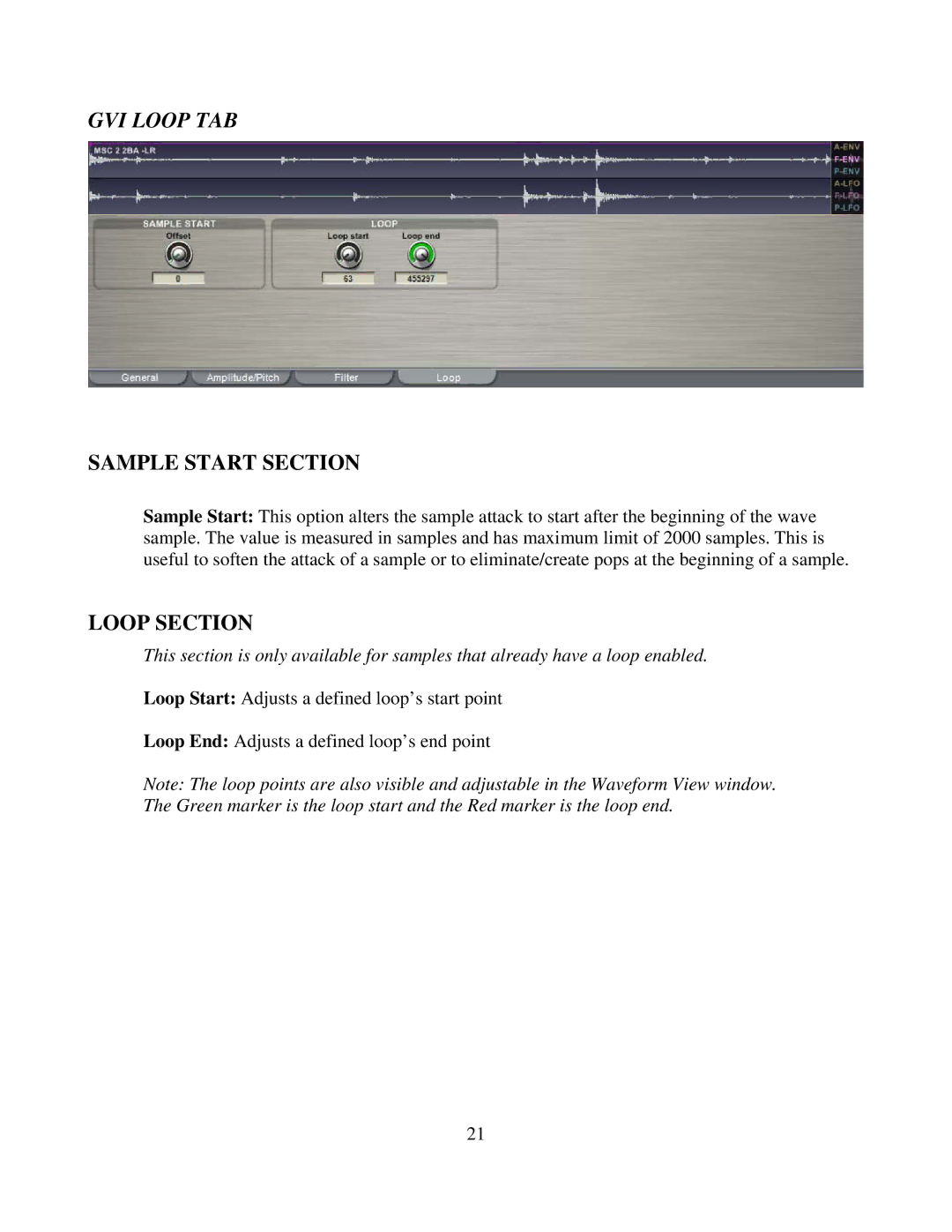 Tascam owner manual GVI Loop TAB, Sample Start Section, Loop Section 