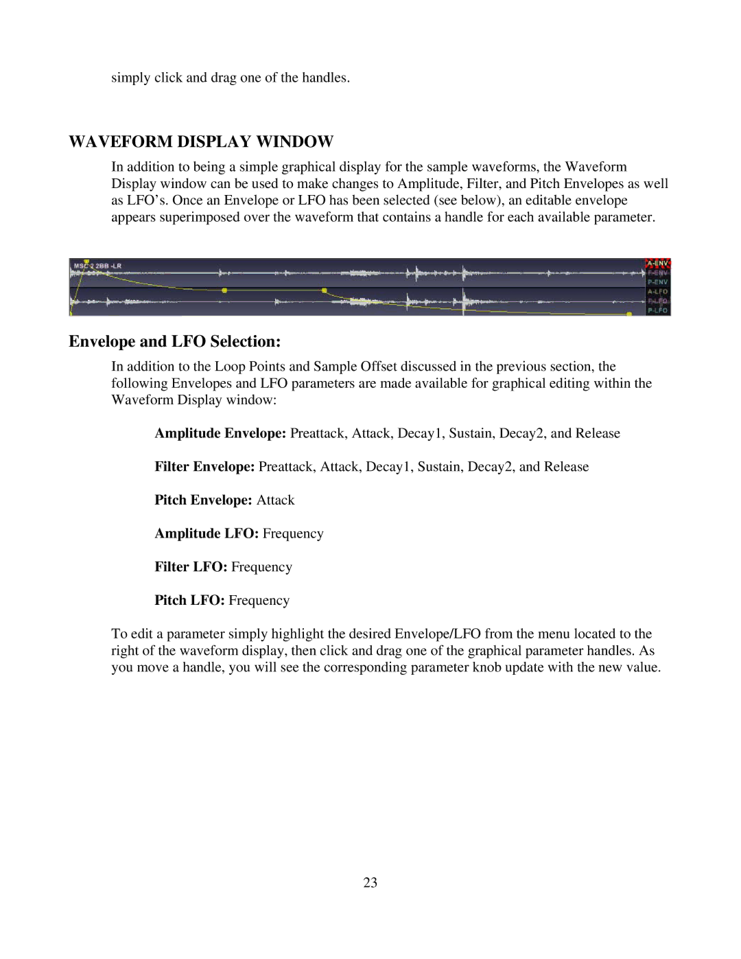 Tascam GVI owner manual Waveform Display Window, Envelope and LFO Selection 