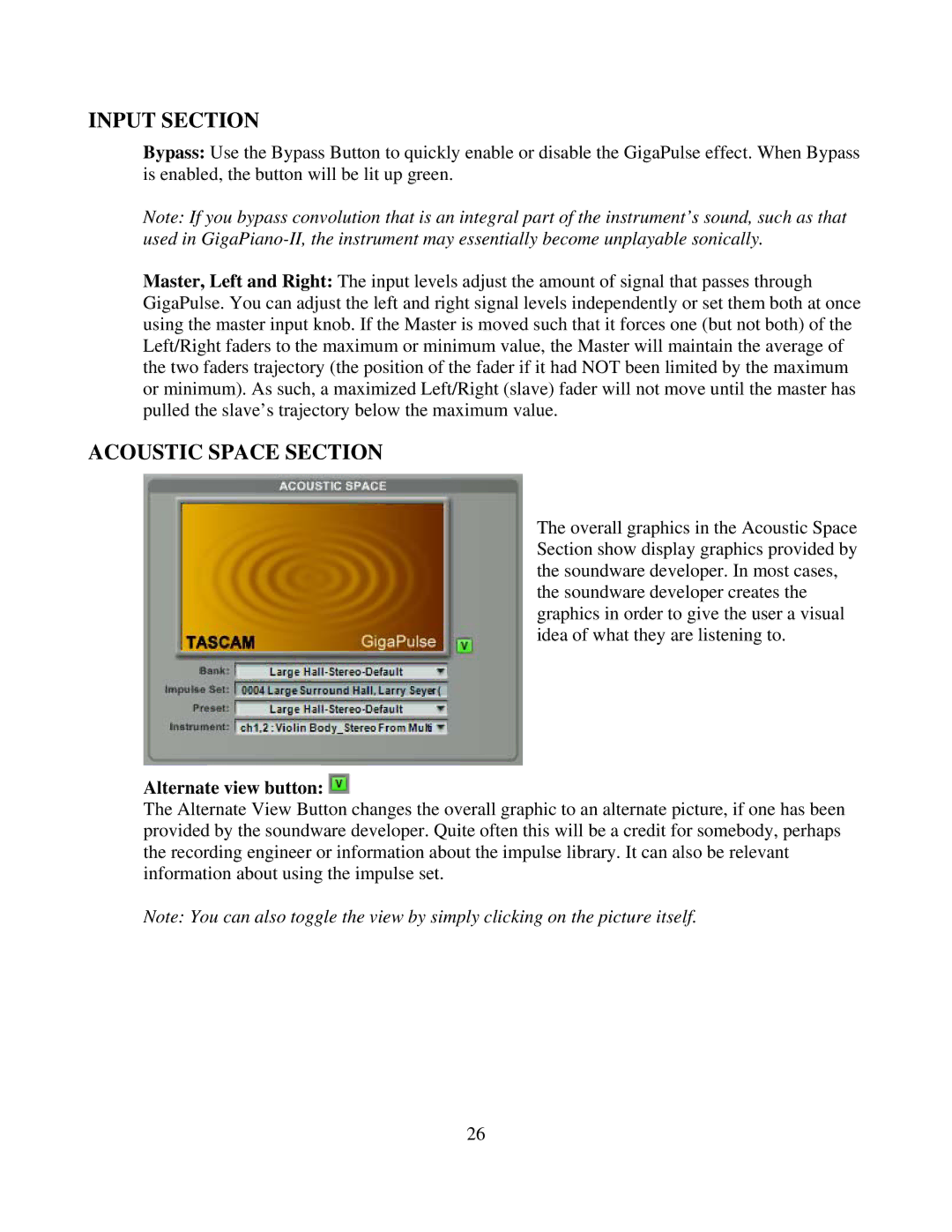 Tascam GVI owner manual Input Section, Acoustic Space Section 