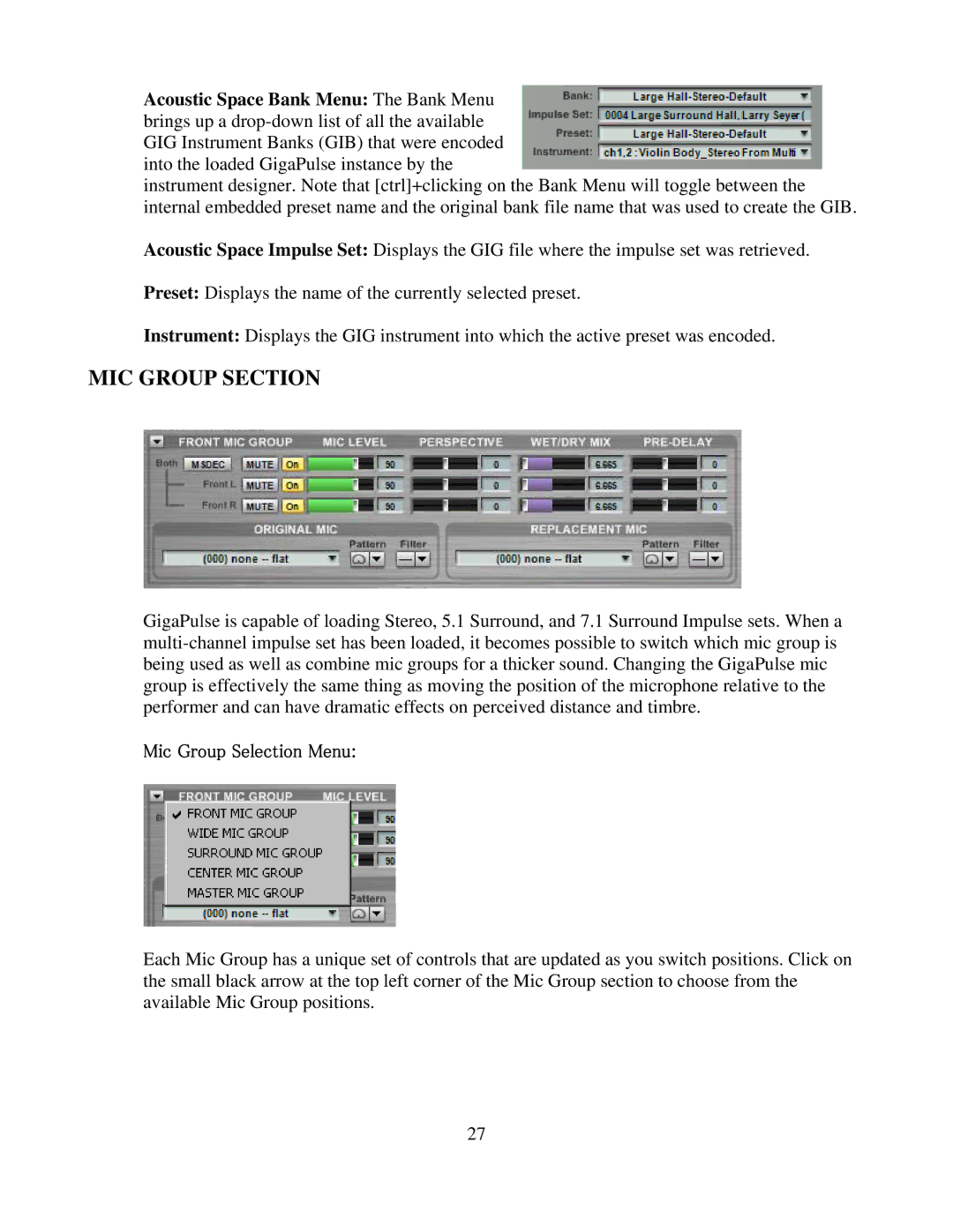 Tascam GVI owner manual MIC Group Section, Mic Group Selection Menu 