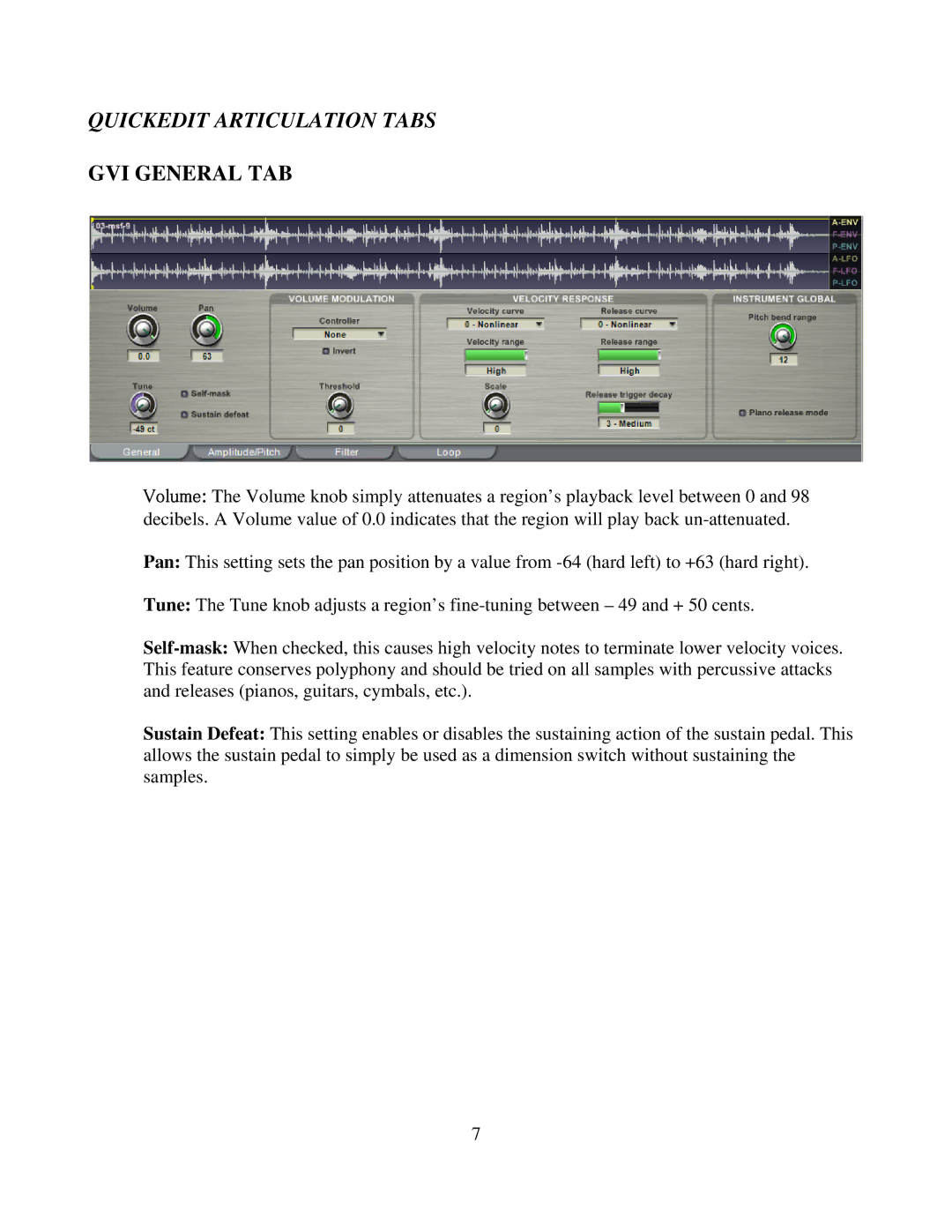 Tascam owner manual Quickedit Articulation Tabs, GVI General TAB 