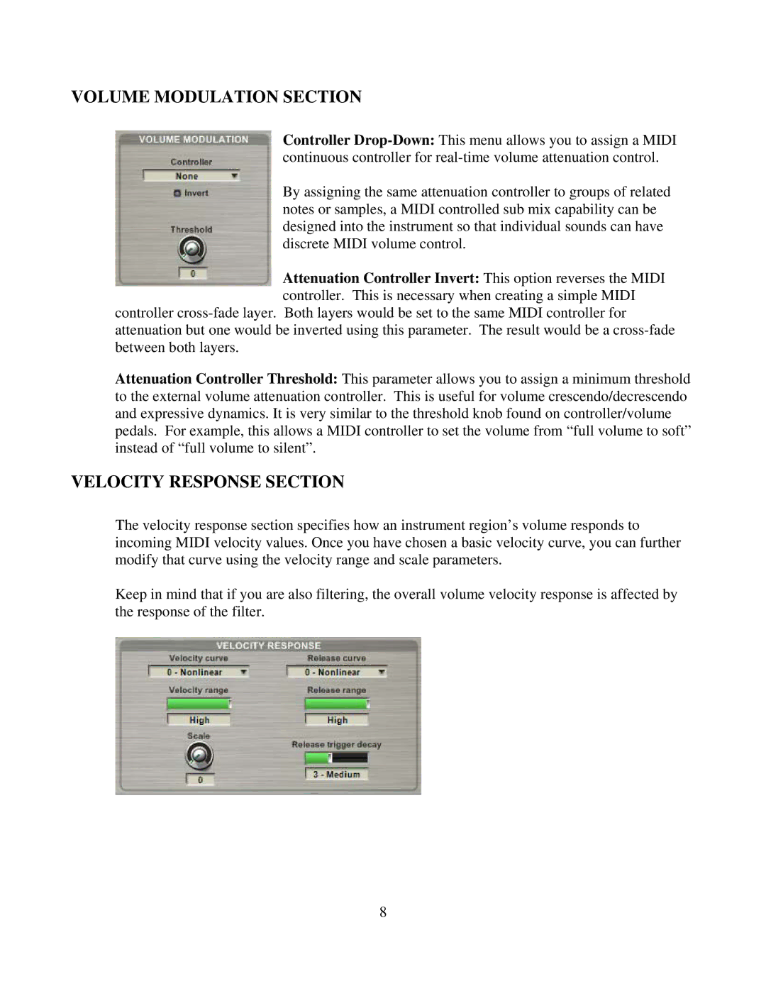 Tascam GVI owner manual Volume Modulation Section, Velocity Response Section 