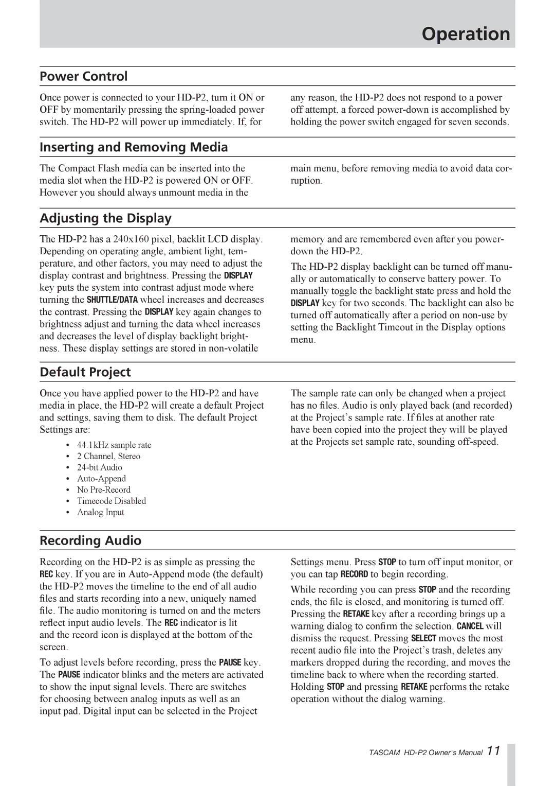 Tascam HD-P2 owner manual Operation 