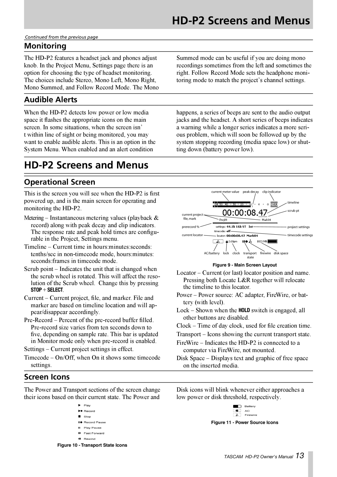 Tascam owner manual HD-P2 Screens and Menus, Monitoring, Audible Alerts, Operational Screen, Screen Icons 