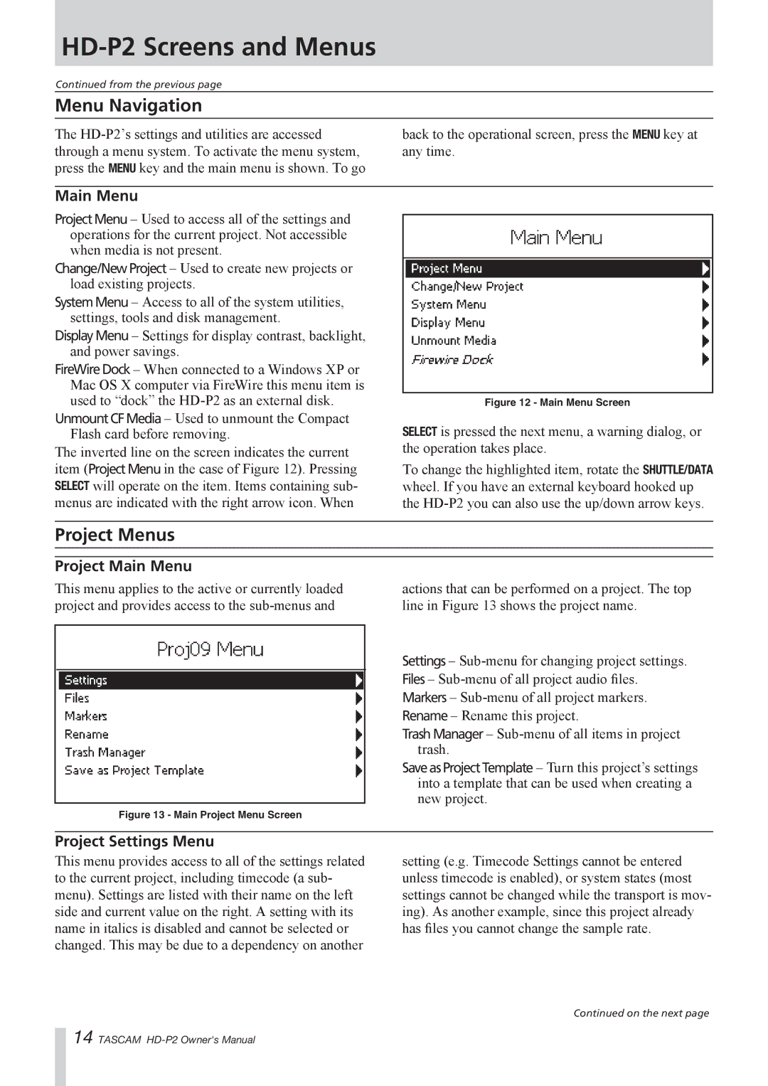 Tascam HD-P2 owner manual Menu Navigation, Project Menus, Project Main Menu, Project Settings Menu 