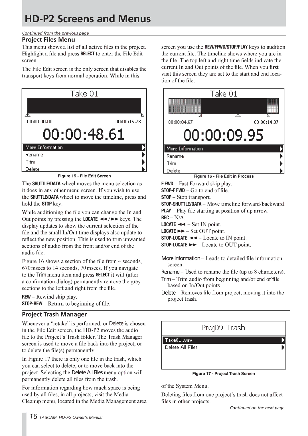 Tascam HD-P2 owner manual Project Files Menu, Project Trash Manager 