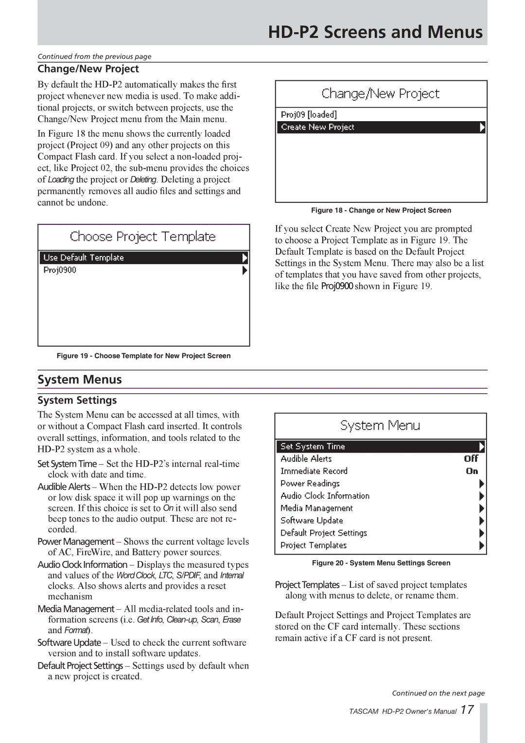 Tascam HD-P2 owner manual System Menus, Change/New Project, System Settings 