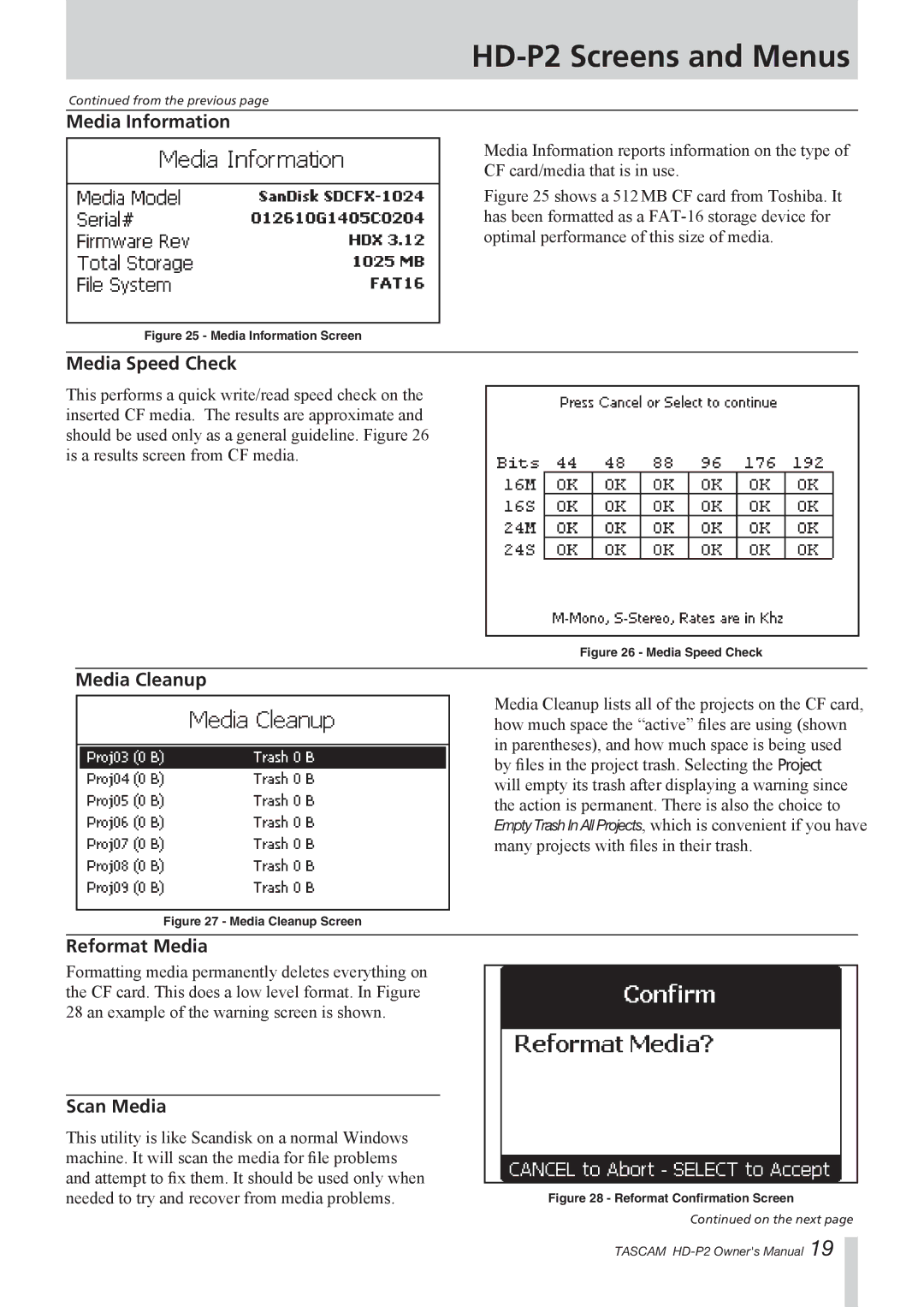 Tascam HD-P2 owner manual Media Information, Media Speed Check, Media Cleanup, Reformat Media, Scan Media 