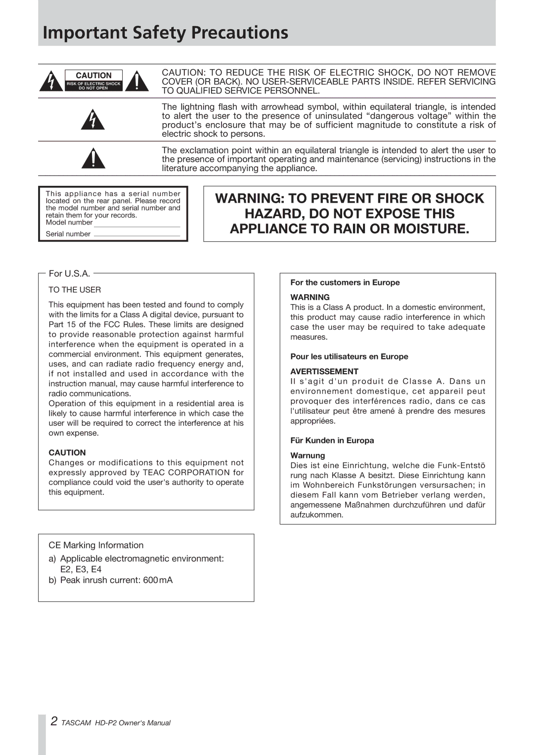 Tascam HD-P2 owner manual Important Safety Precautions, Appliance to Rain or Moisture 