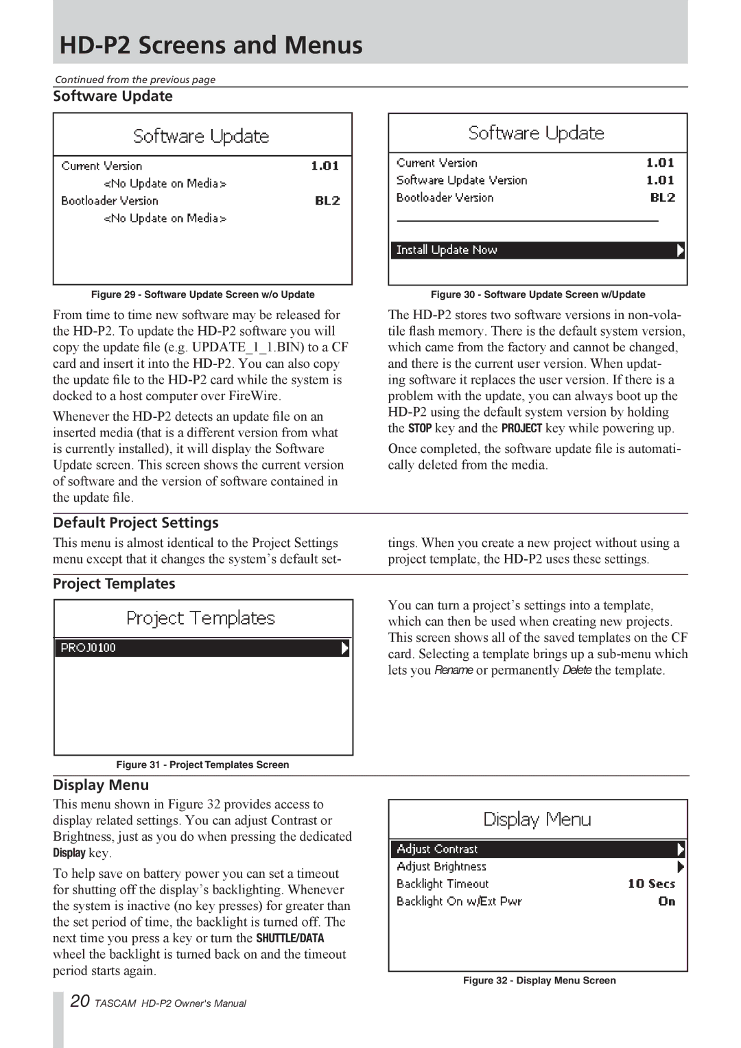 Tascam HD-P2 owner manual Software Update, Default Project Settings, Project Templates, Display Menu 