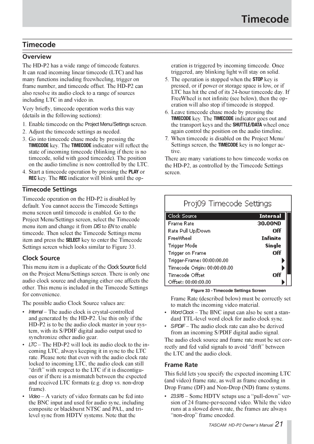 Tascam HD-P2 owner manual Overview, Timecode Settings, Clock Source, Frame Rate 