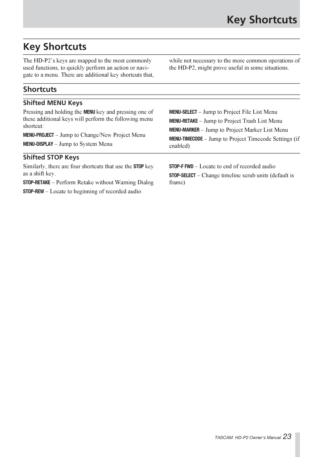 Tascam HD-P2 owner manual Key Shortcuts, Shifted Menu Keys, Shifted Stop Keys 