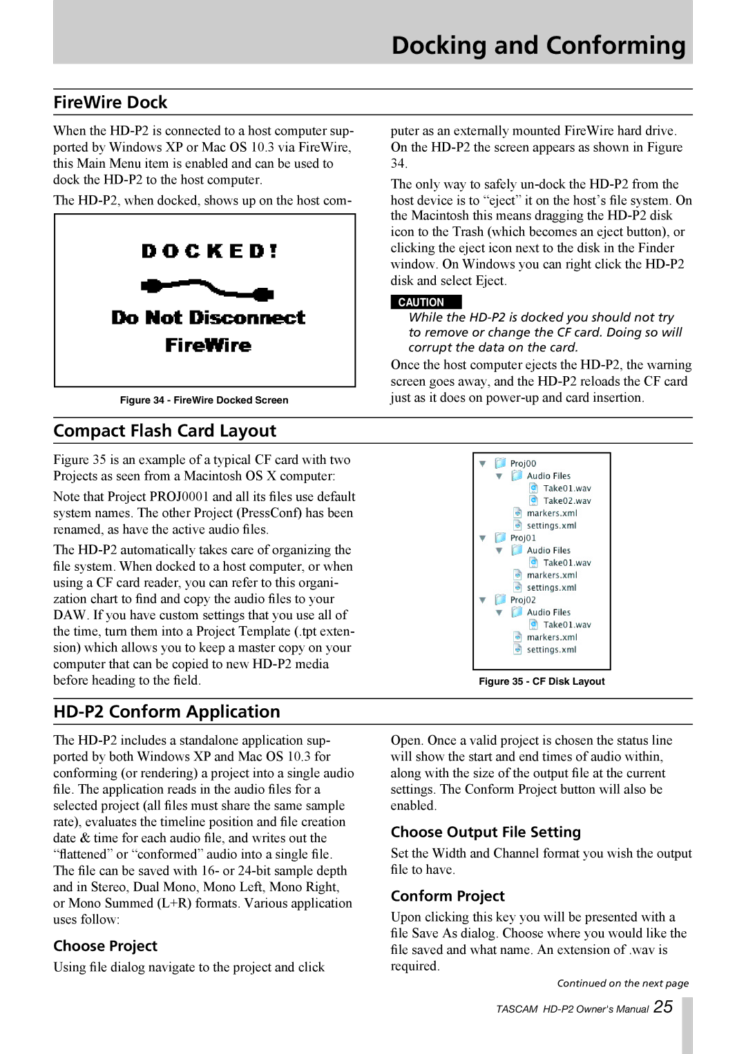 Tascam owner manual Docking and Conforming, FireWire Dock, Compact Flash Card Layout, HD-P2 Conform Application 