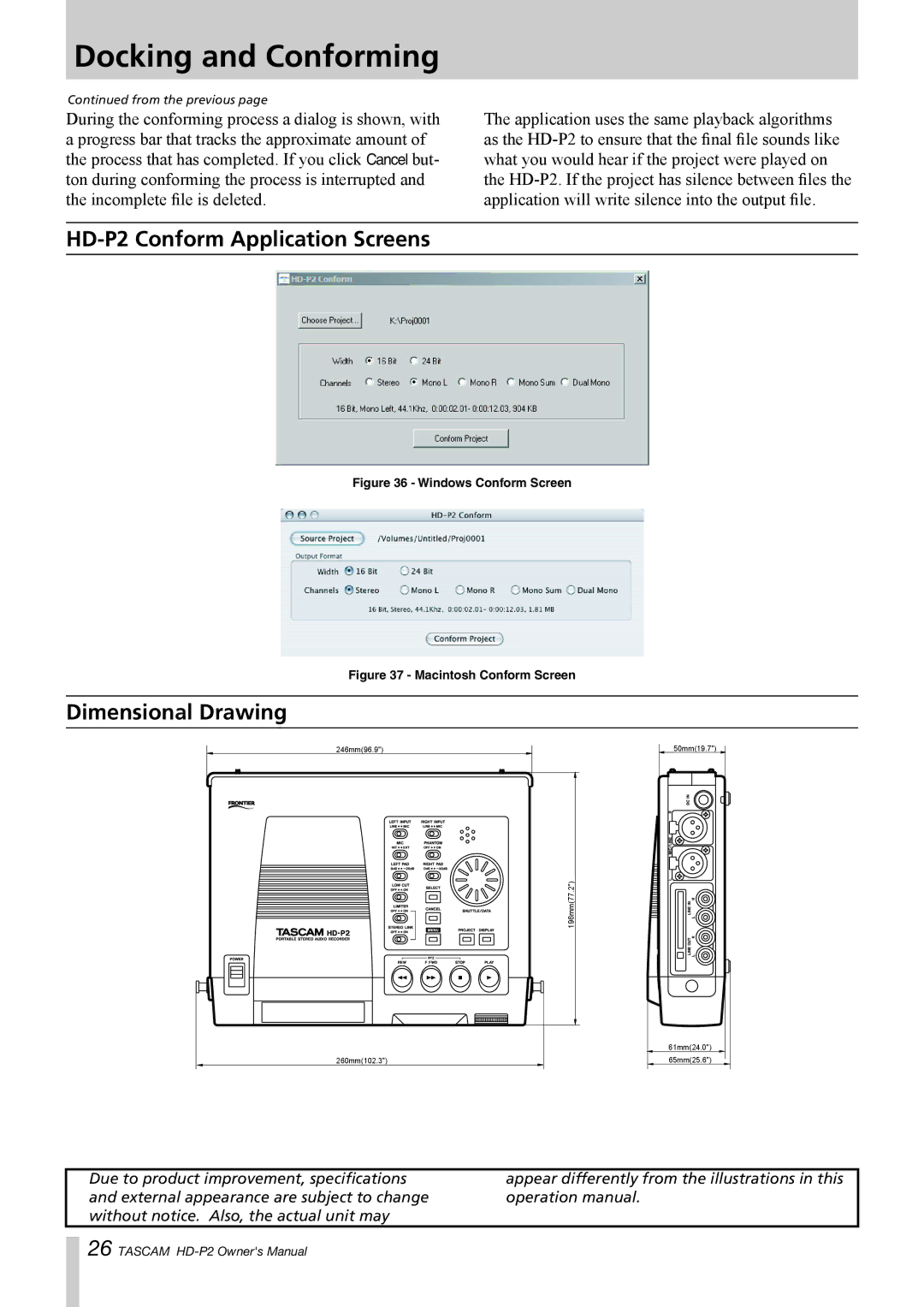 Tascam owner manual HD-P2 Conform Application Screens, Dimensional Drawing 