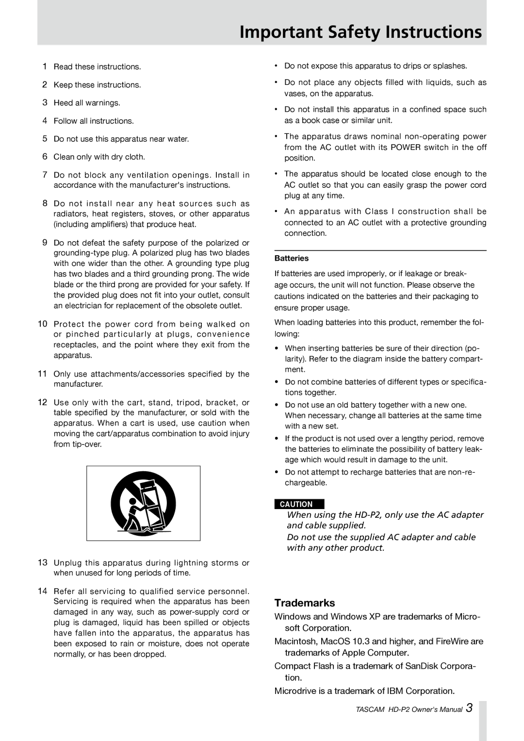 Tascam HD-P2 owner manual Important Safety Instructions, Trademarks 