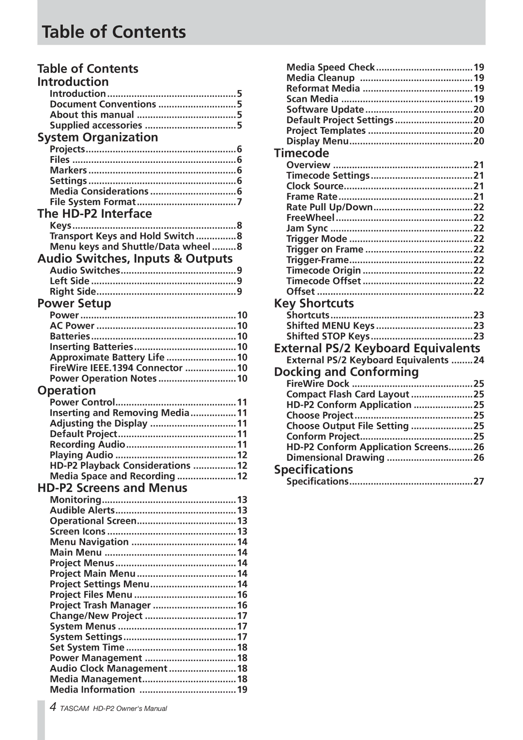 Tascam HD-P2 owner manual Table of Contents 