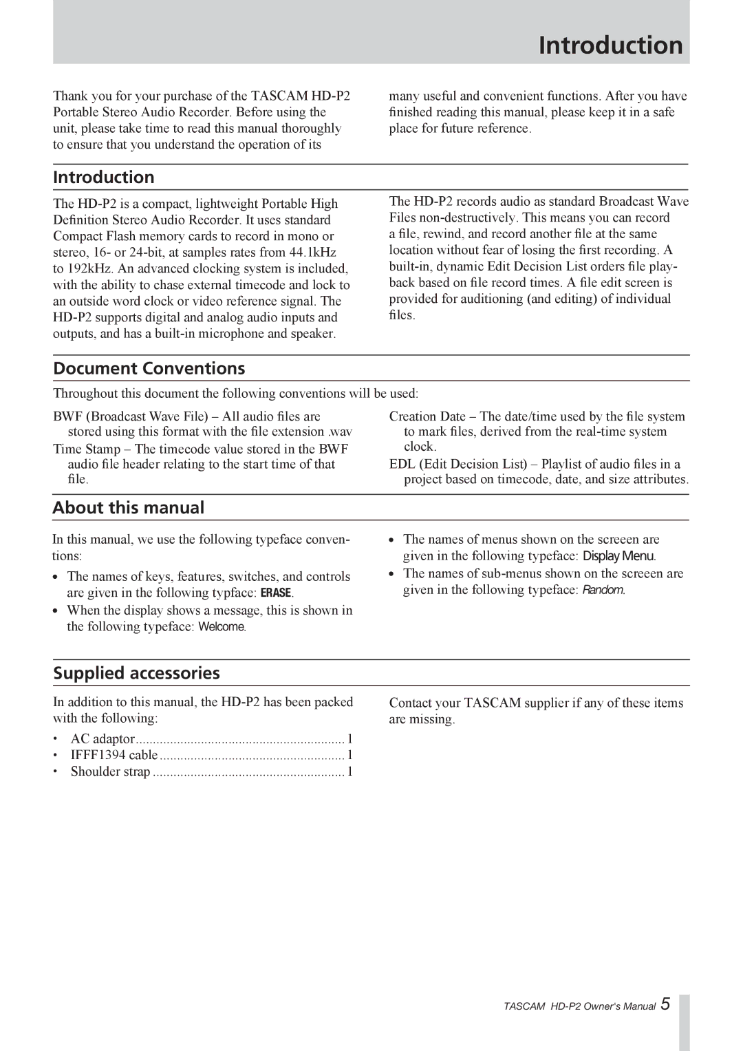 Tascam HD-P2 owner manual Introduction, Document Conventions, About this manual, Supplied accessories 