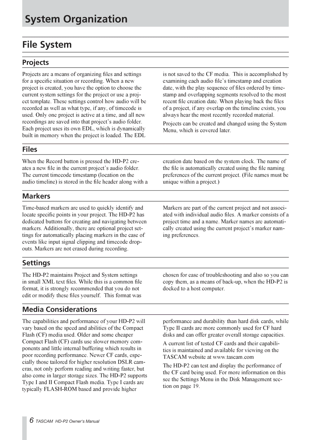 Tascam HD-P2 owner manual System Organization 