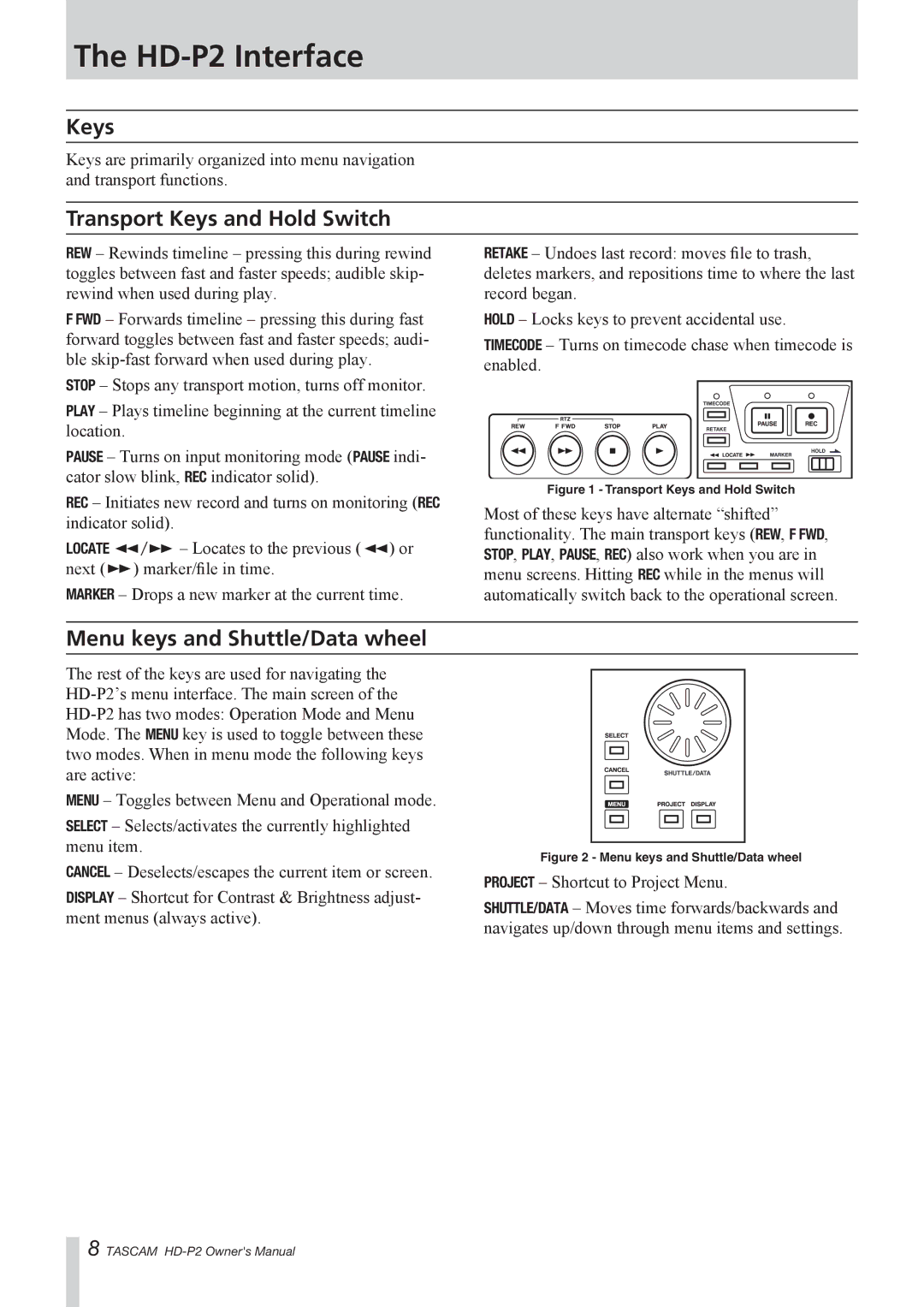 Tascam owner manual HD-P2 Interface, Transport Keys and Hold Switch, Menu keys and Shuttle/Data wheel 