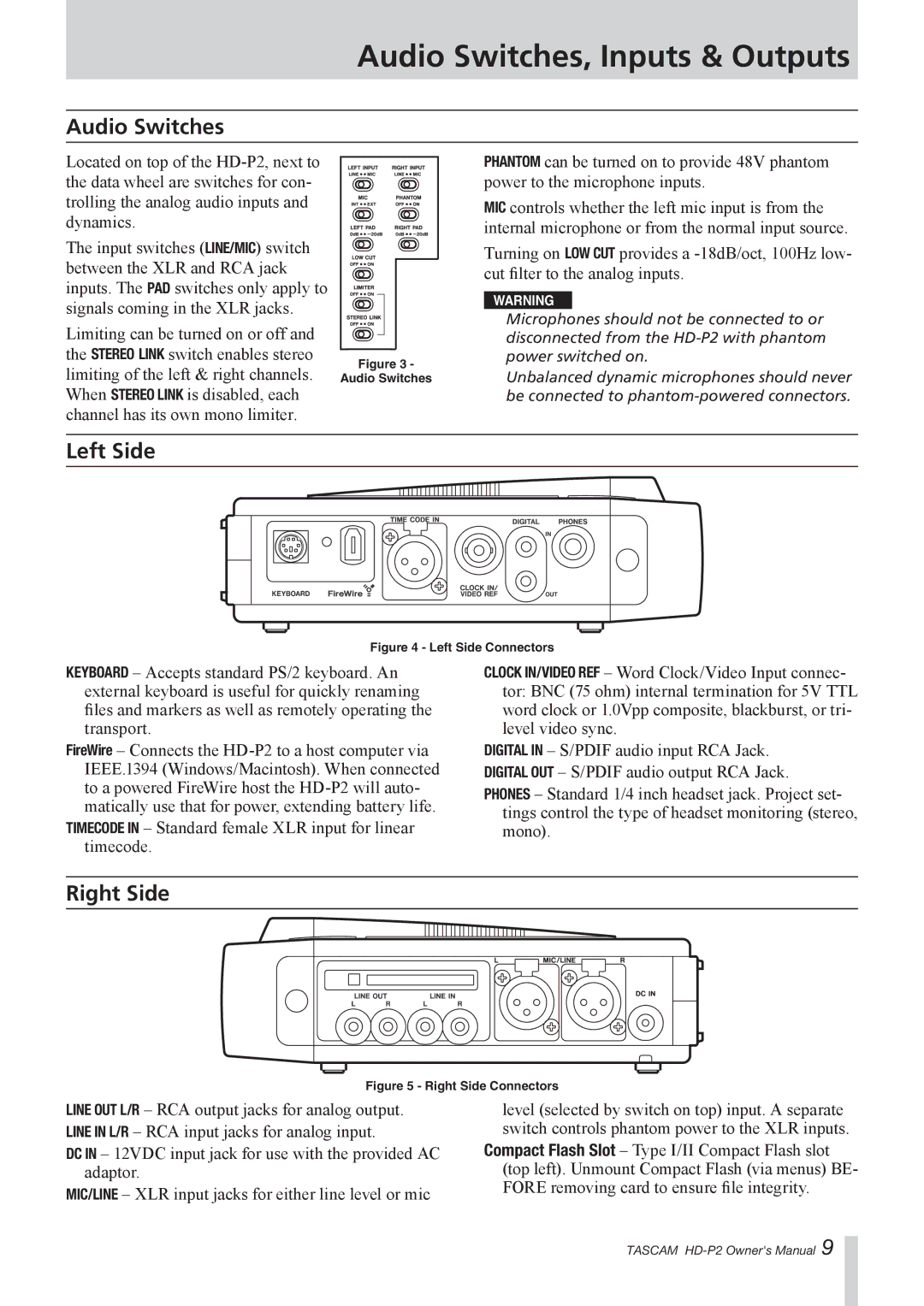 Tascam HD-P2 owner manual Audio Switches, Inputs & Outputs, Left Side, Right Side 