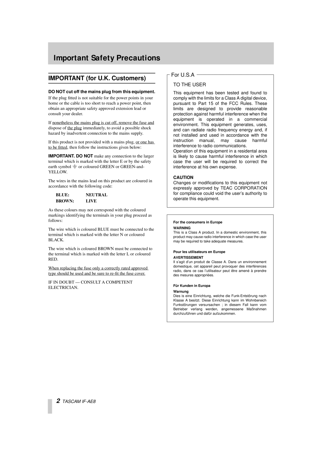 Tascam IF-AE8 owner manual Important Safety Precautions, Important for U.K. Customers 