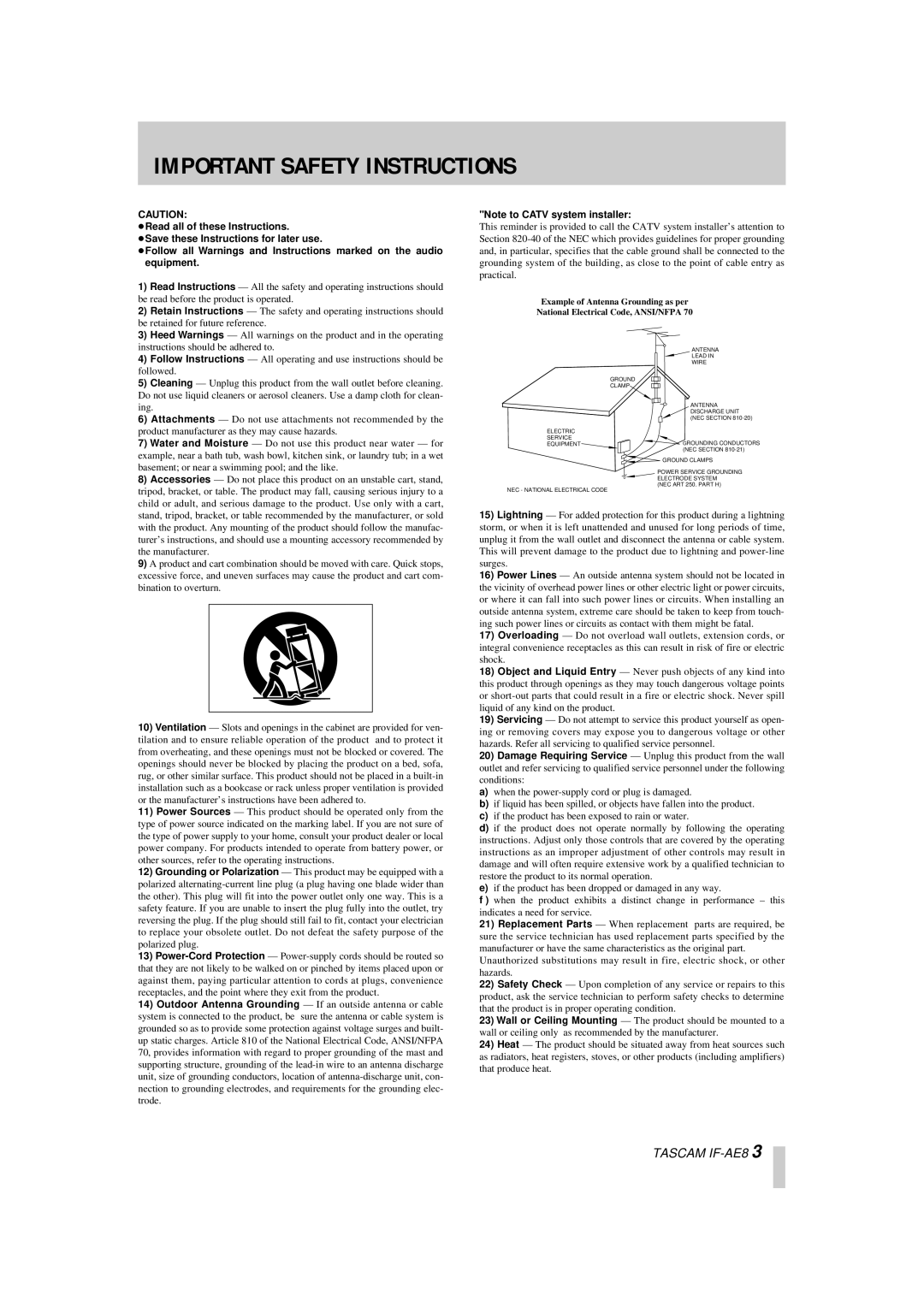 Tascam IF-AE8 owner manual Important Safety Instructions 