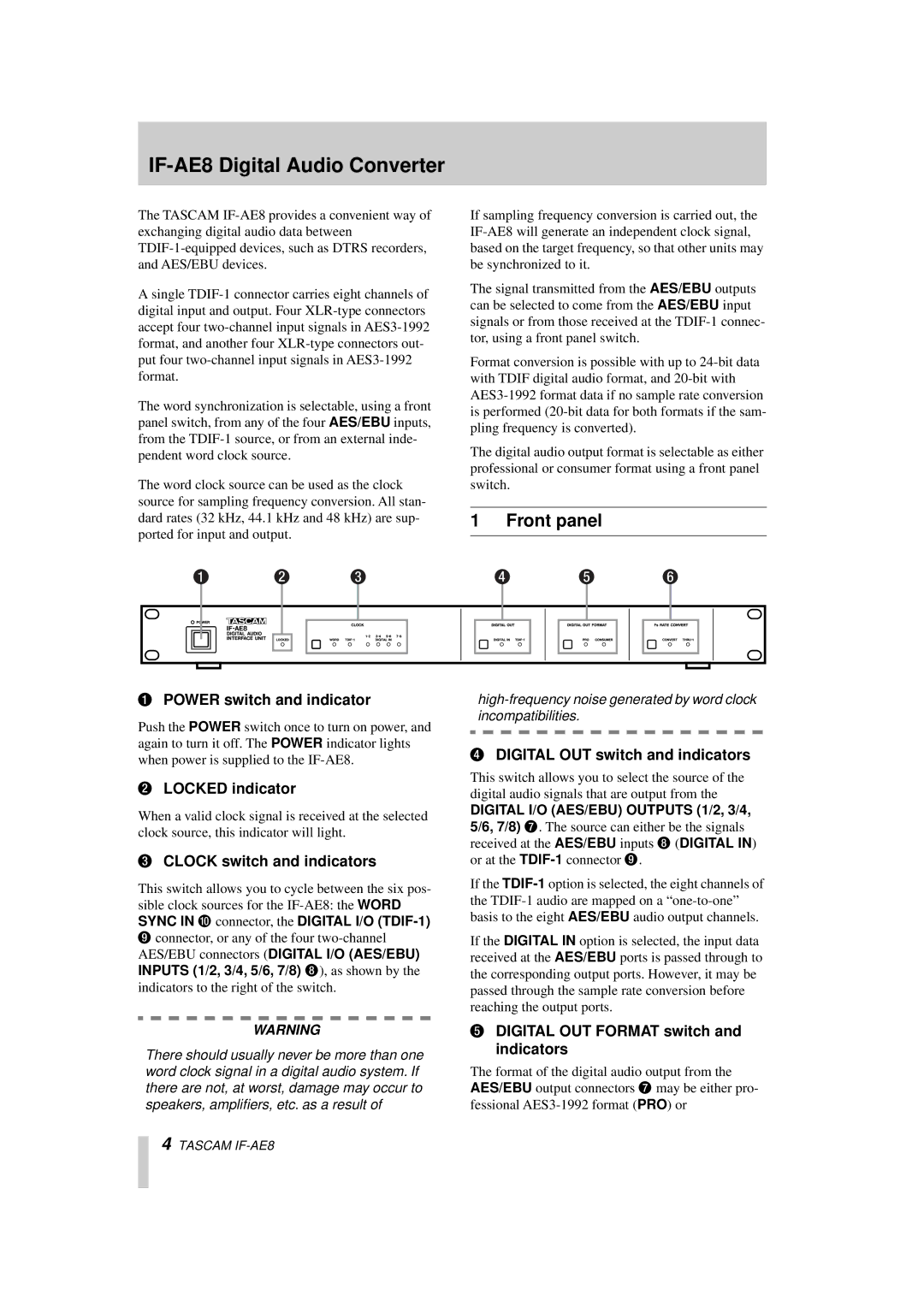 Tascam IF-AE8 owner manual Front panel 