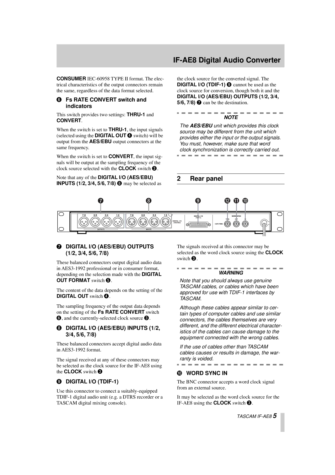 Tascam IF-AE8 owner manual Rear panel, Digital I/O TDIF-1, Word Sync 