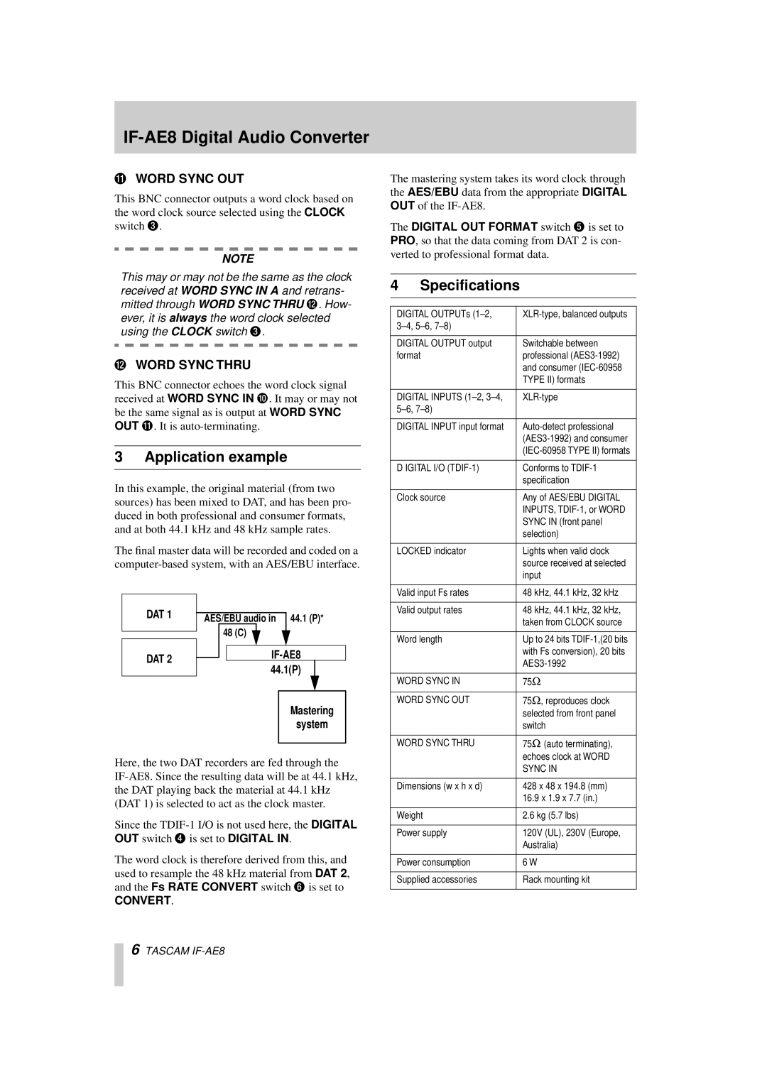 Tascam owner manual Application example, Word Sync OUT, Word Sync Thru, Dat, DAT IF-AE8 